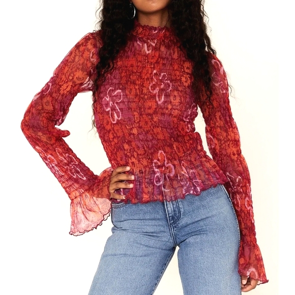 Free People Hello There Mesh‎ Smocked Top Women's XS Whimsical Fairy Festival - Picture 1 of 13